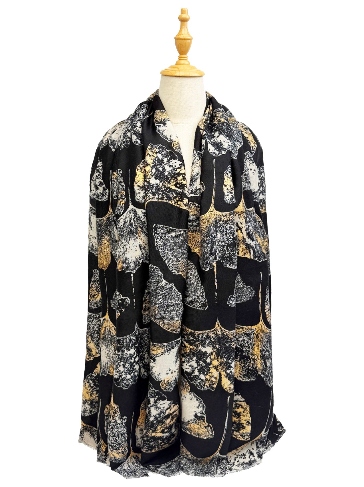 SF25105-285 Ginkgo Leaves Printing Scarf with Gold Foil Accents