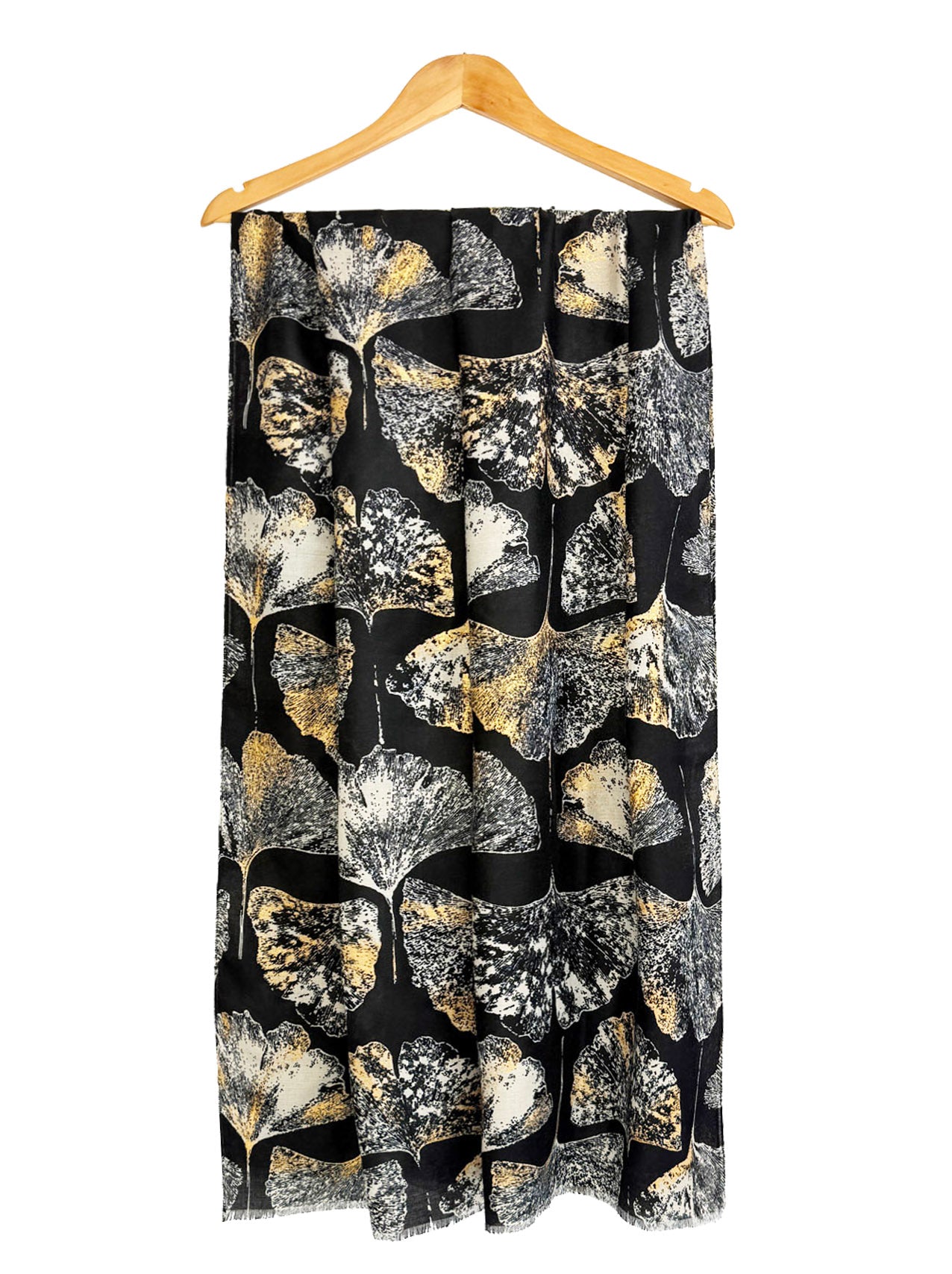 SF25105-285 Ginkgo Leaves Printing Scarf with Gold Foil Accents