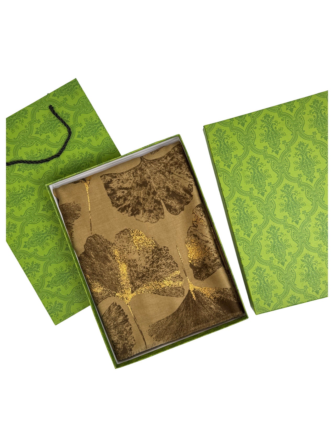 SF25105-285 Ginkgo Leaves Printing Scarf with Gold Foil Accents