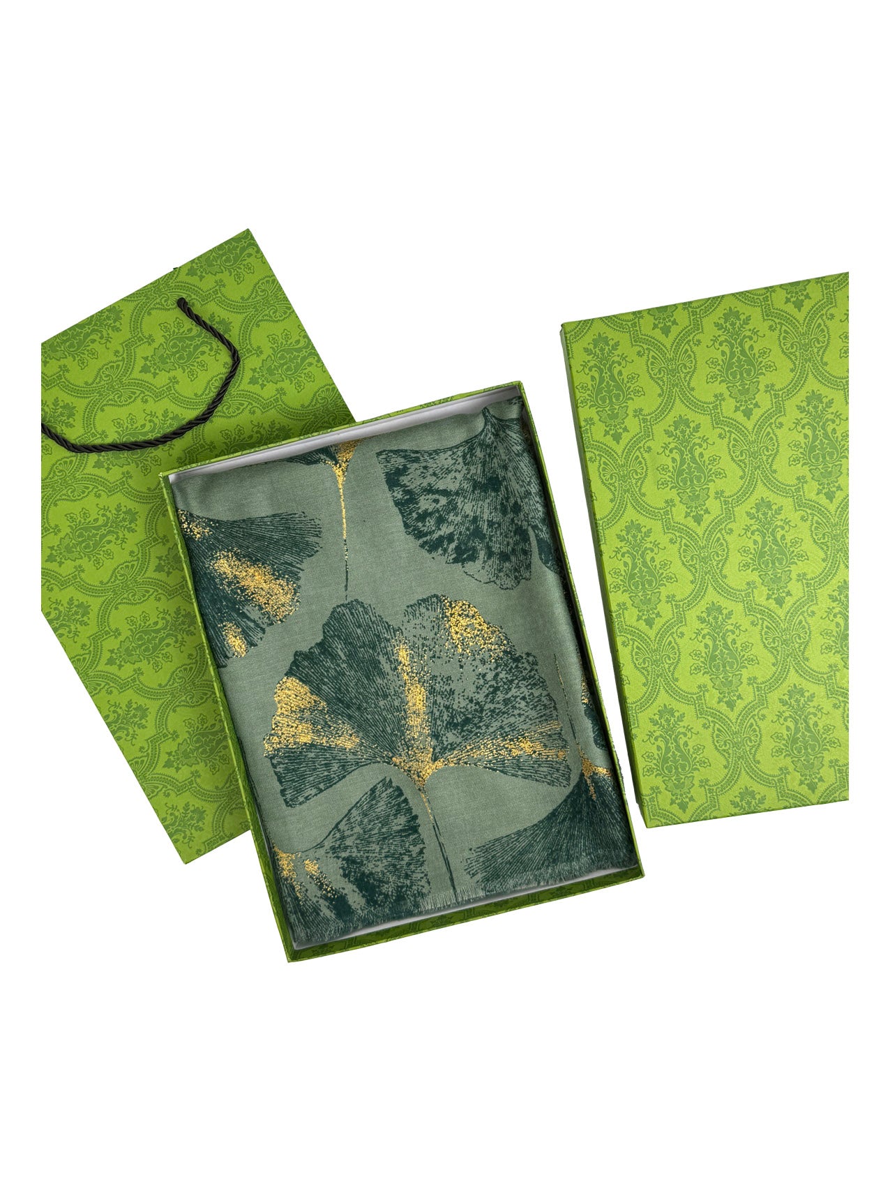 SF25105-285 Ginkgo Leaves Printing Scarf with Gold Foil Accents