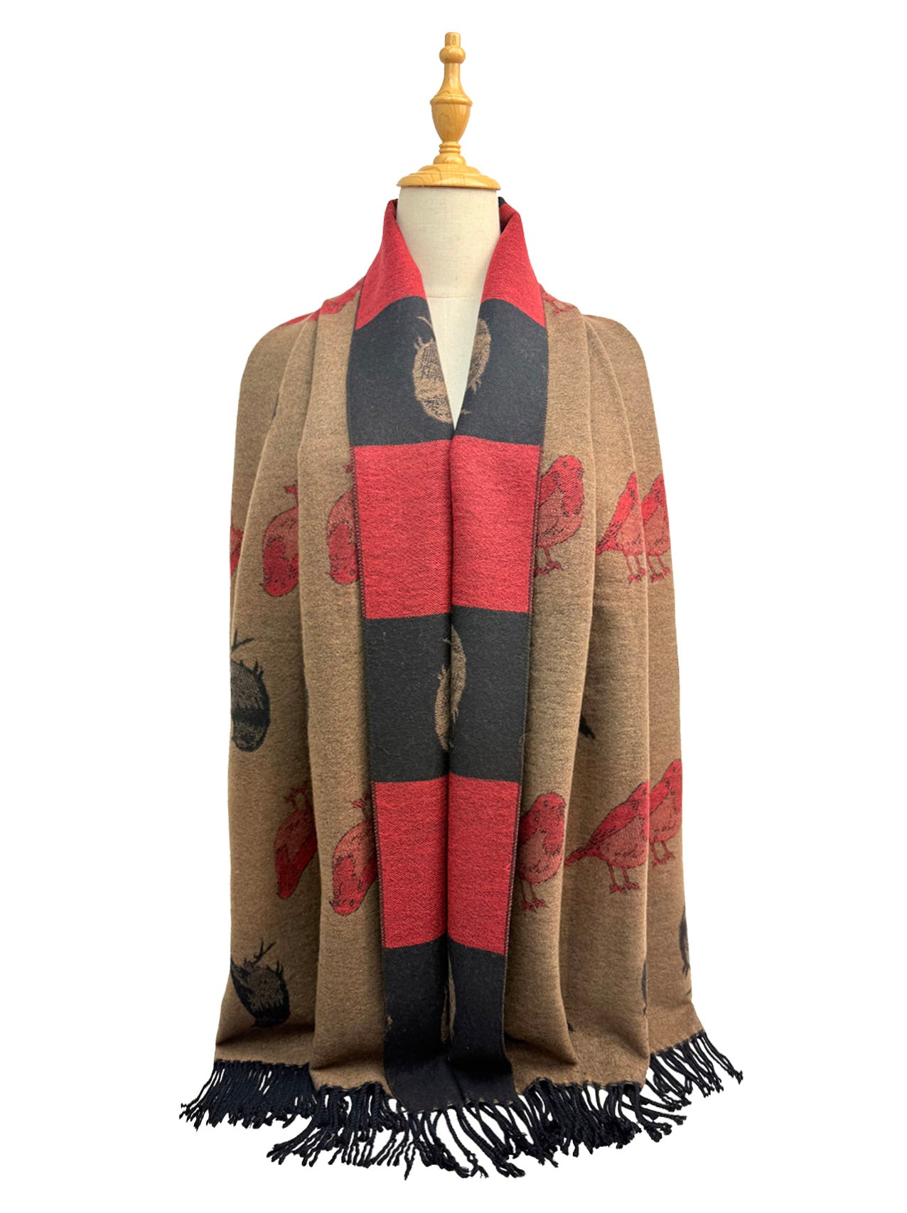 SF25190-250 Robin Bird Printing Reversible Scarf with Tassels