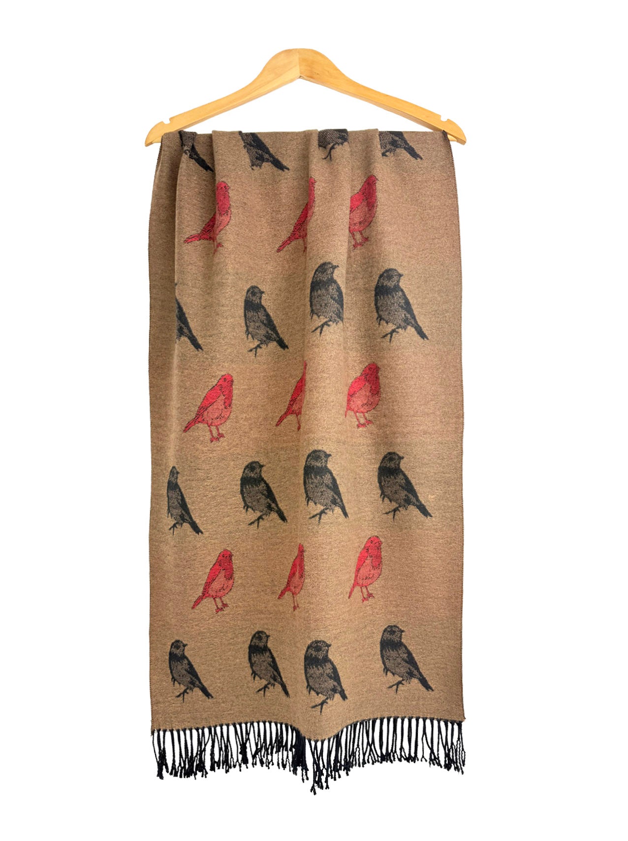 SF25190-250 Robin Bird Printing Reversible Scarf with Tassels