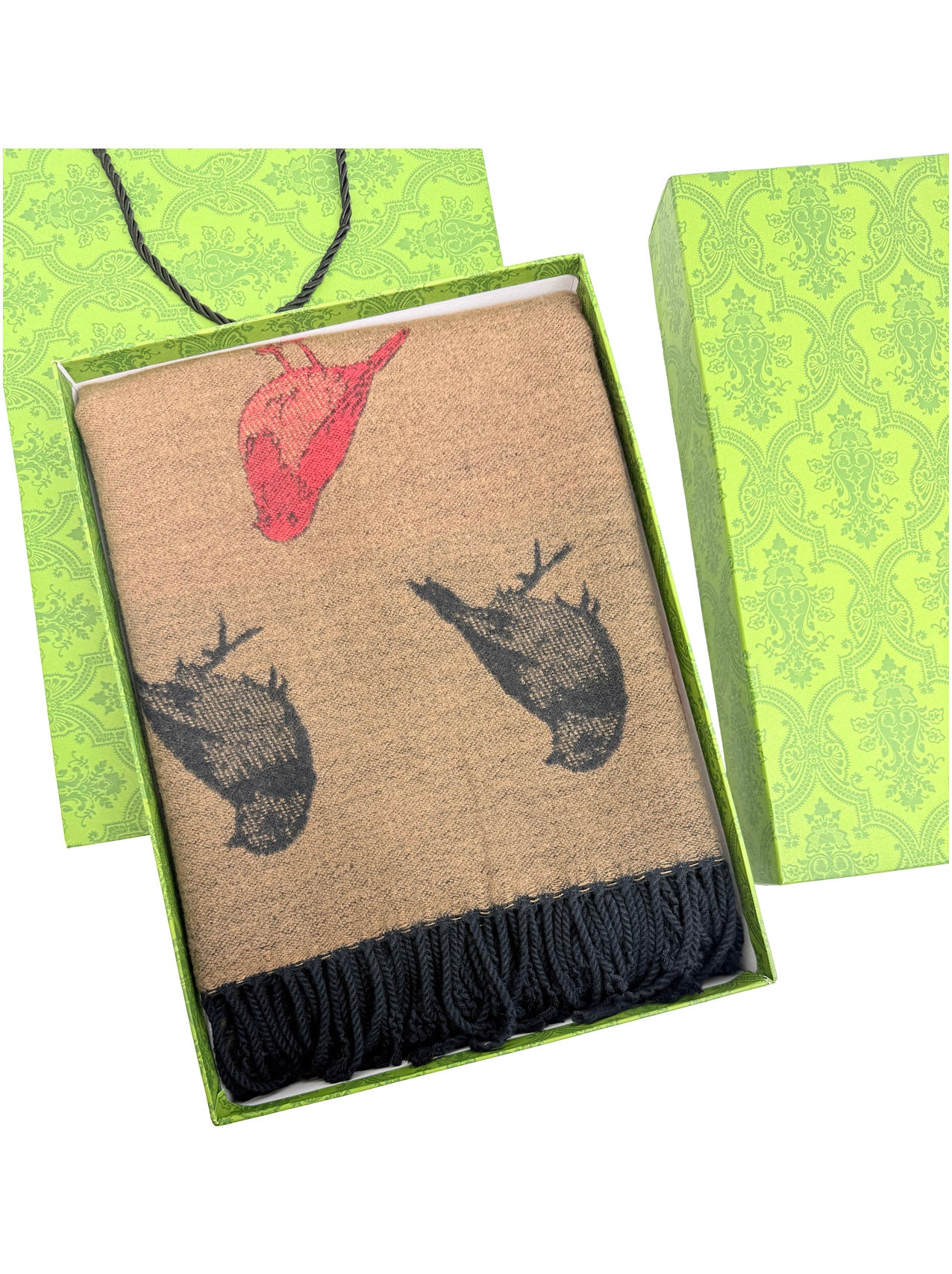 SF25190-250 Robin Bird Printing Reversible Scarf with Tassels