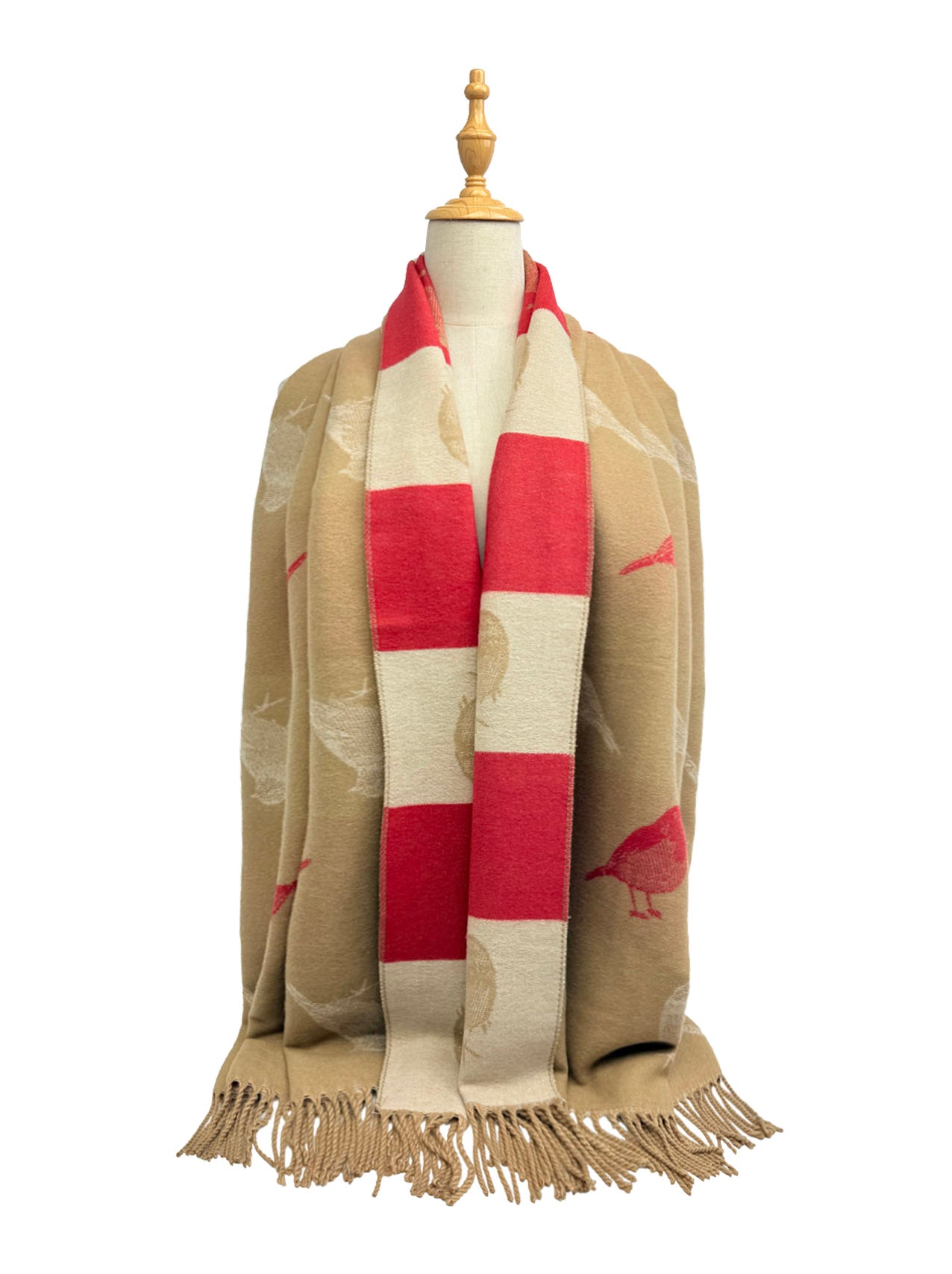 SF25190-250 Robin Bird Printing Reversible Scarf with Tassels