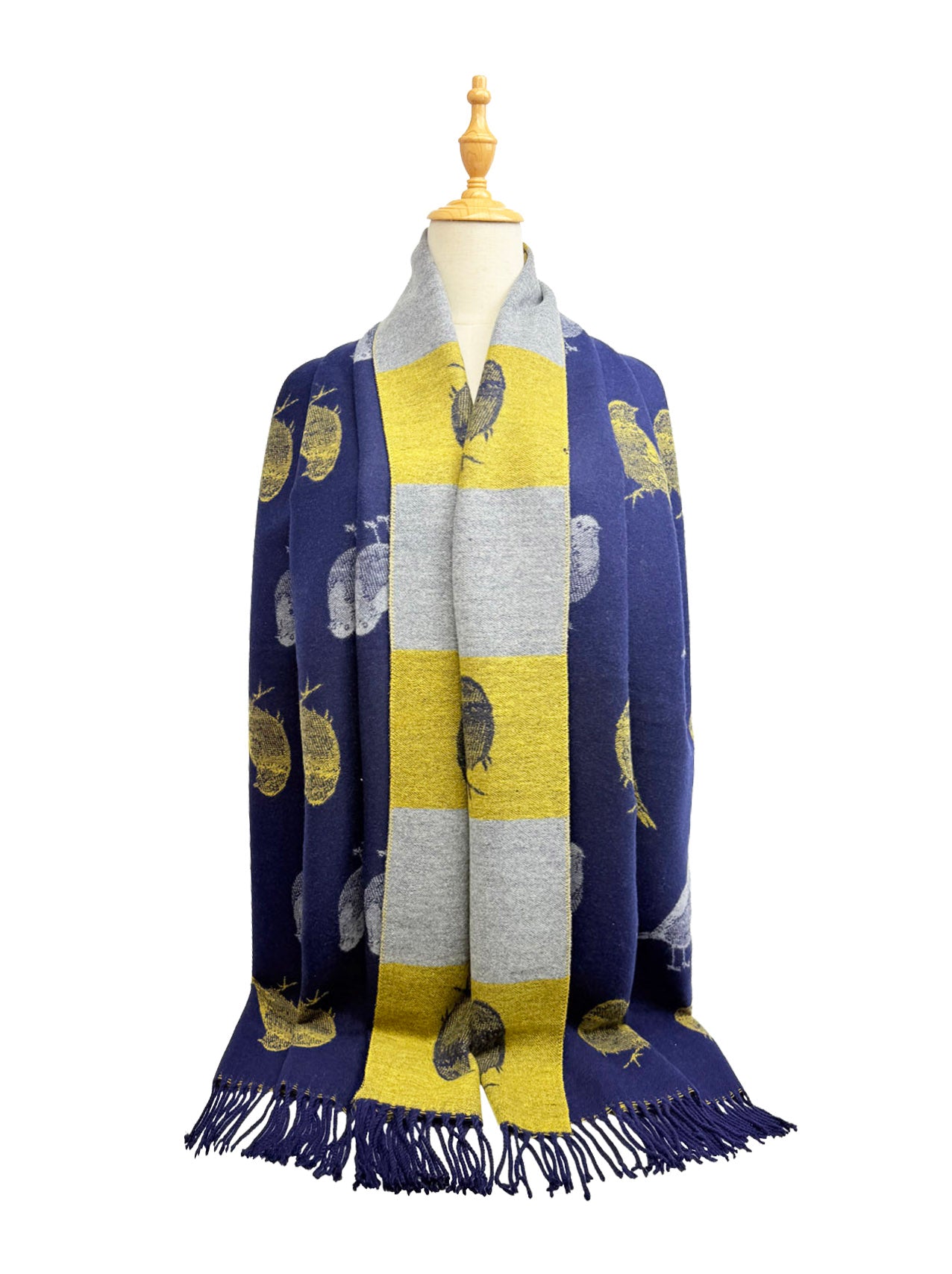 SF25190-250 Robin Bird Printing Reversible Scarf with Tassels