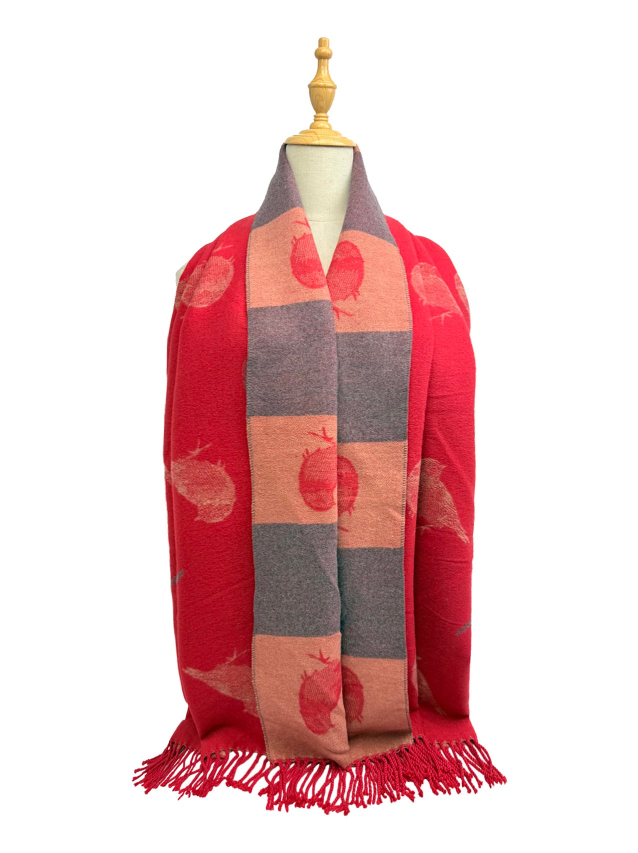 SF25190-250 Robin Bird Printing Reversible Scarf with Tassels