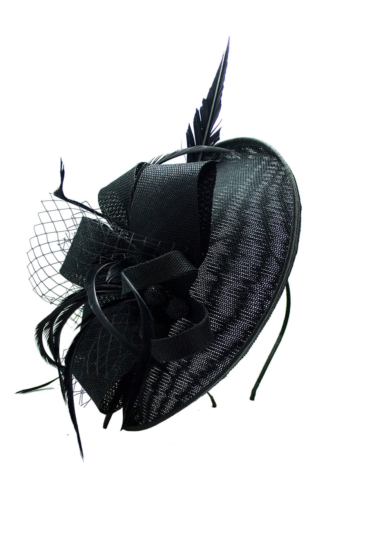 SFC12676-26 Gauze Tear Drop Base Fascinator with Looped Flower and An Arrowed Feather