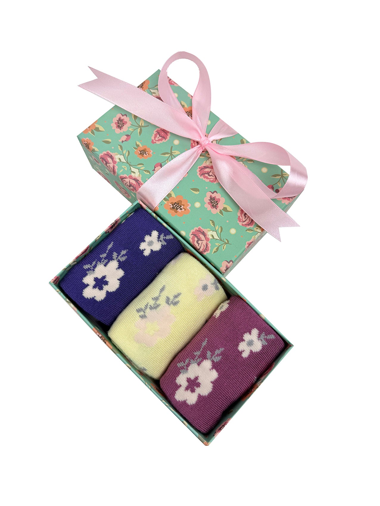 SK-38 A Gift Box of 3 Pairs of White Floral Print Bamboo Socks