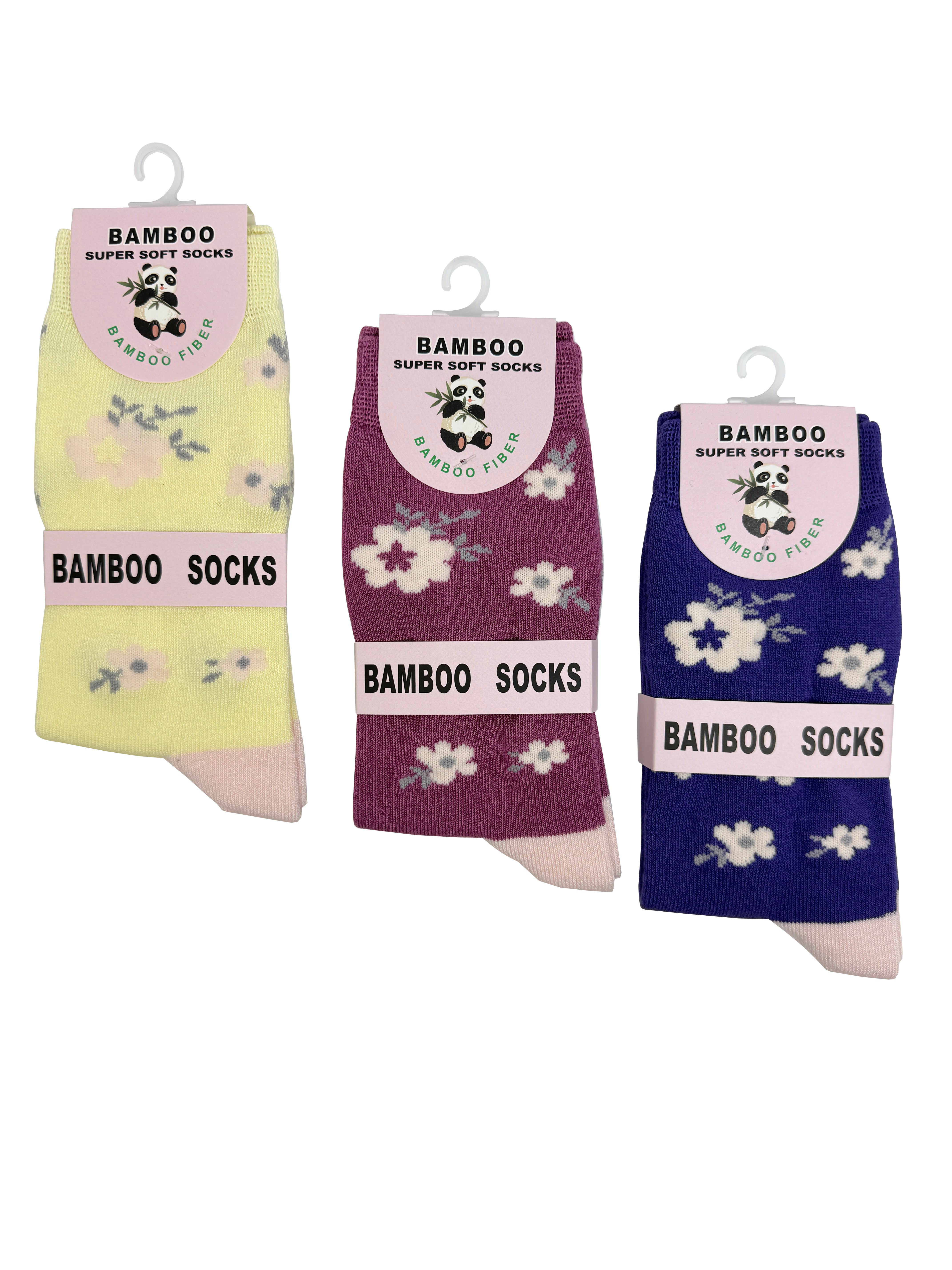 SK-38 A Gift Box of 3 Pairs of White Floral Print Bamboo Socks