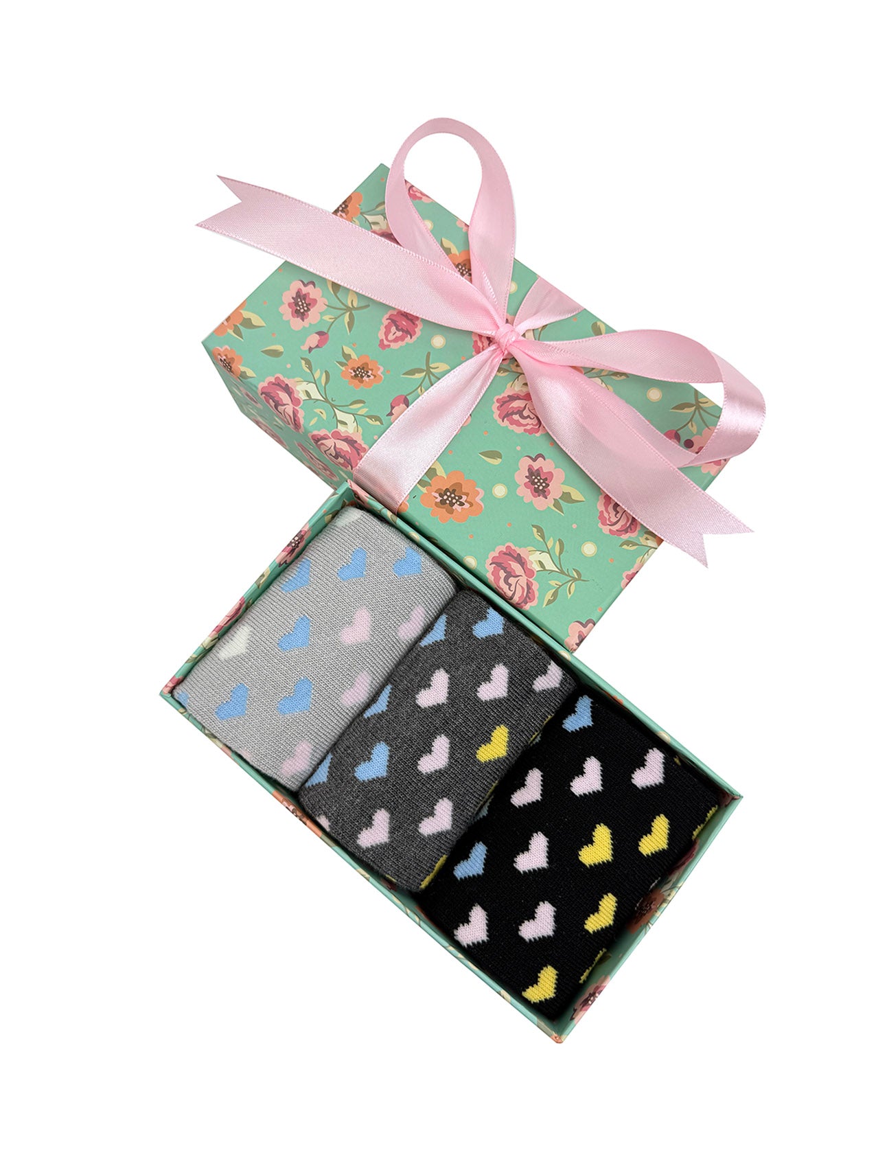 SK-41 A Gift Box of 3 Pairs of Colourful Hearts Print Bamboo Socks