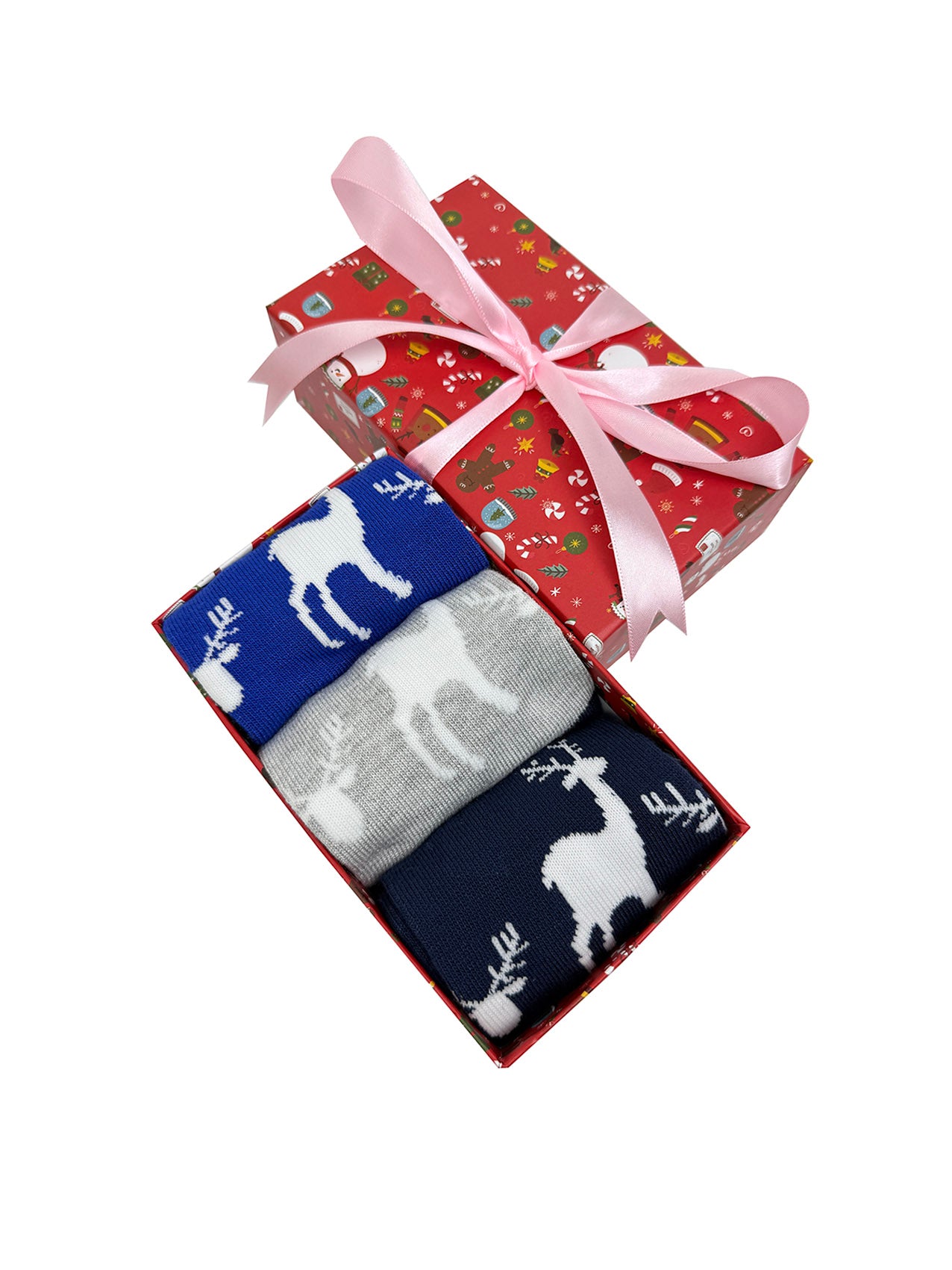 SK-42 A Gift Box of 3 Pairs of Reindeer Print Bamboo Socks