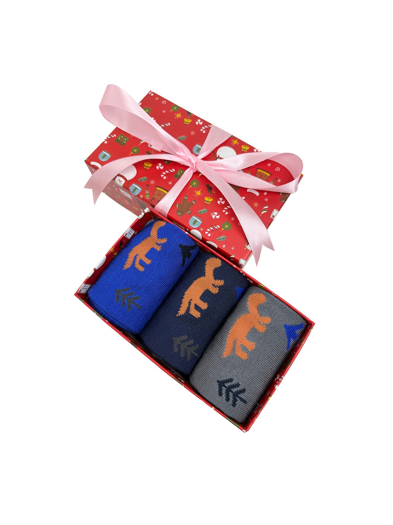 SK-44 A Gift Box of 3 Pairs of Dinosaurs and Trees Print Bamboo Socks