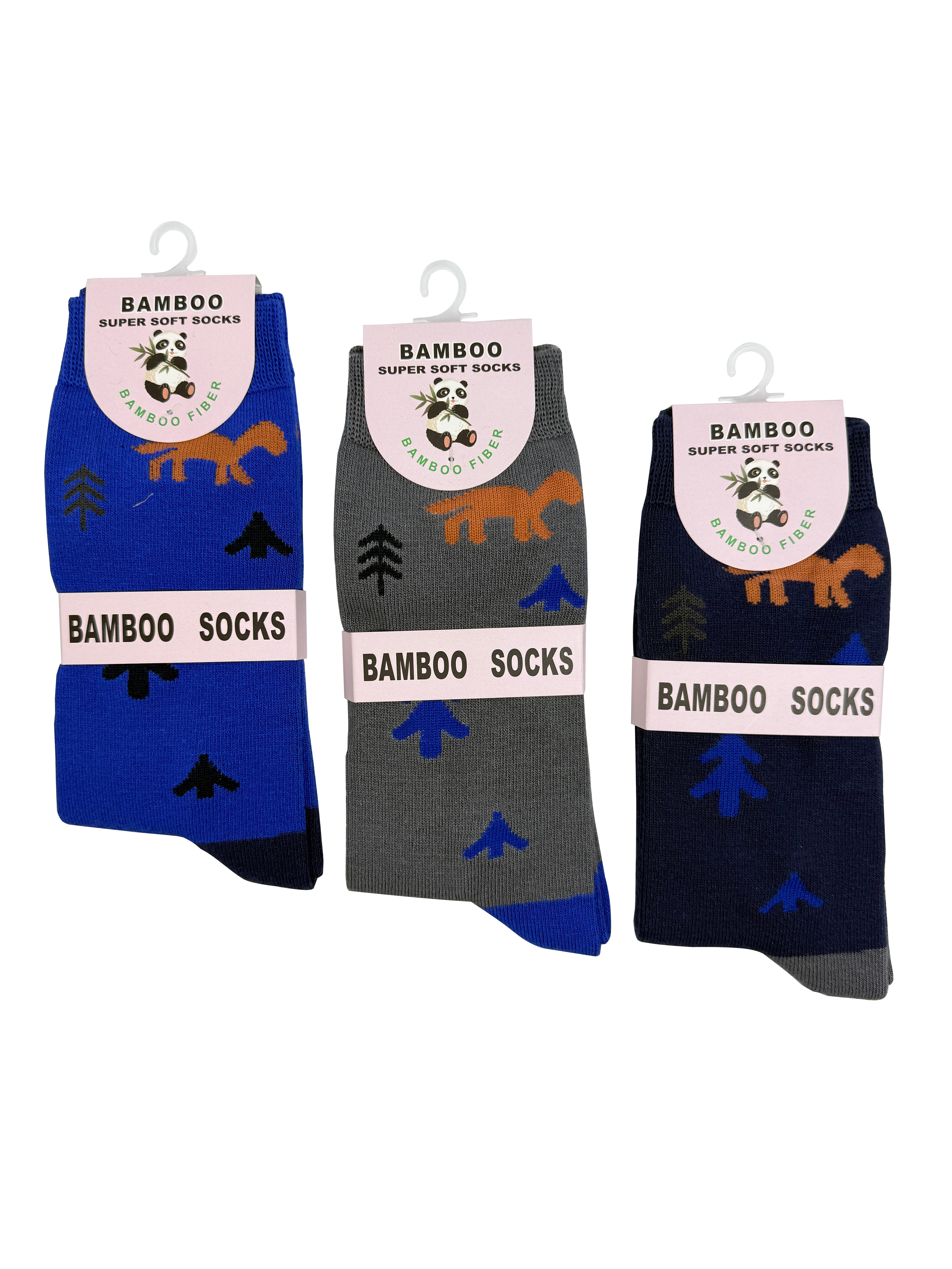SK-44 A Gift Box of 3 Pairs of Dinosaurs and Trees Print Bamboo Socks