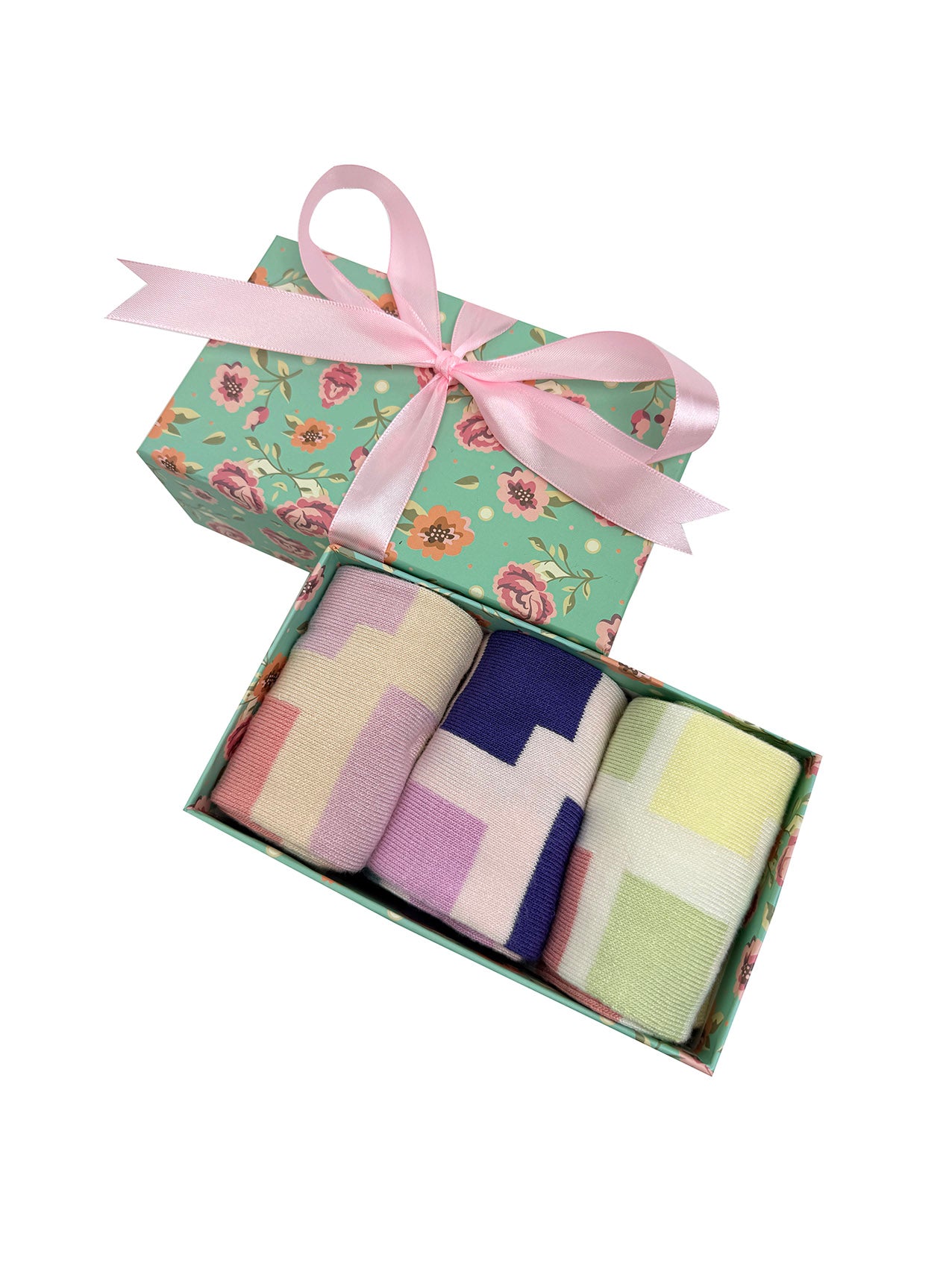 SK-46 A Gift Box of 3 Pairs of Colourful Squares Print Bamboo Socks