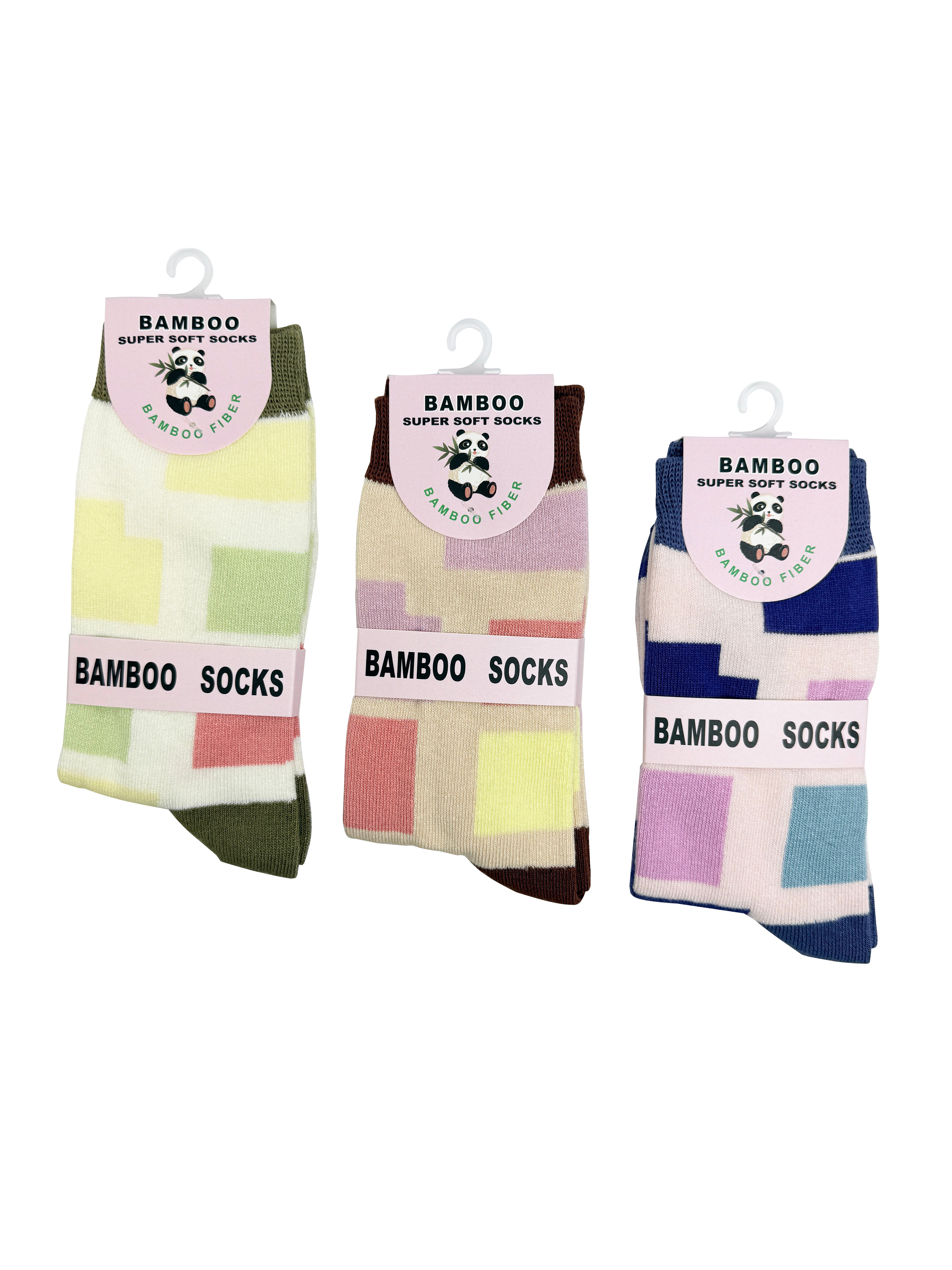 SK-46 A Gift Box of 3 Pairs of Colourful Squares Print Bamboo Socks