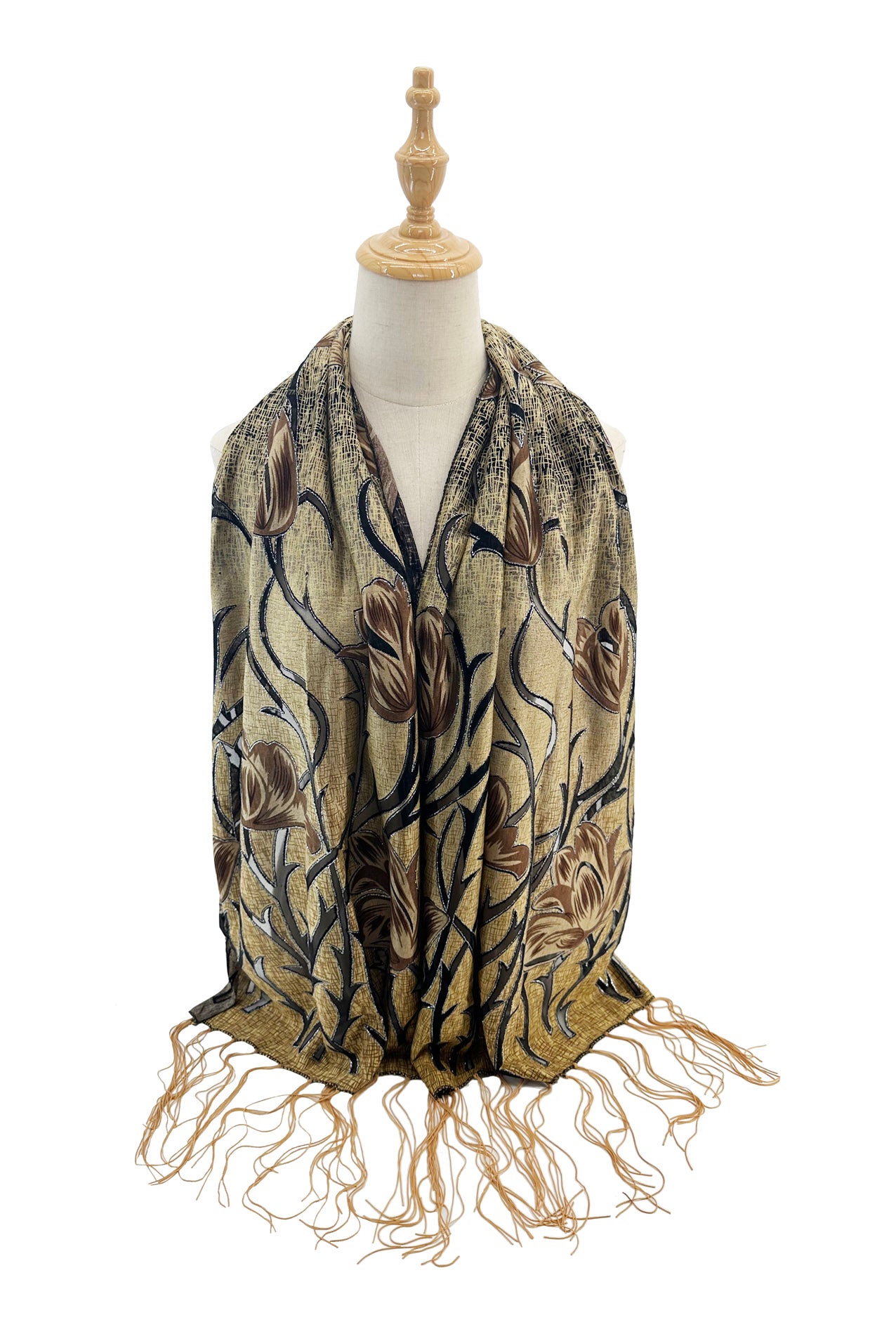 YH-1 Floral Design Velvet Polyester Scarf with Shiny Glitter