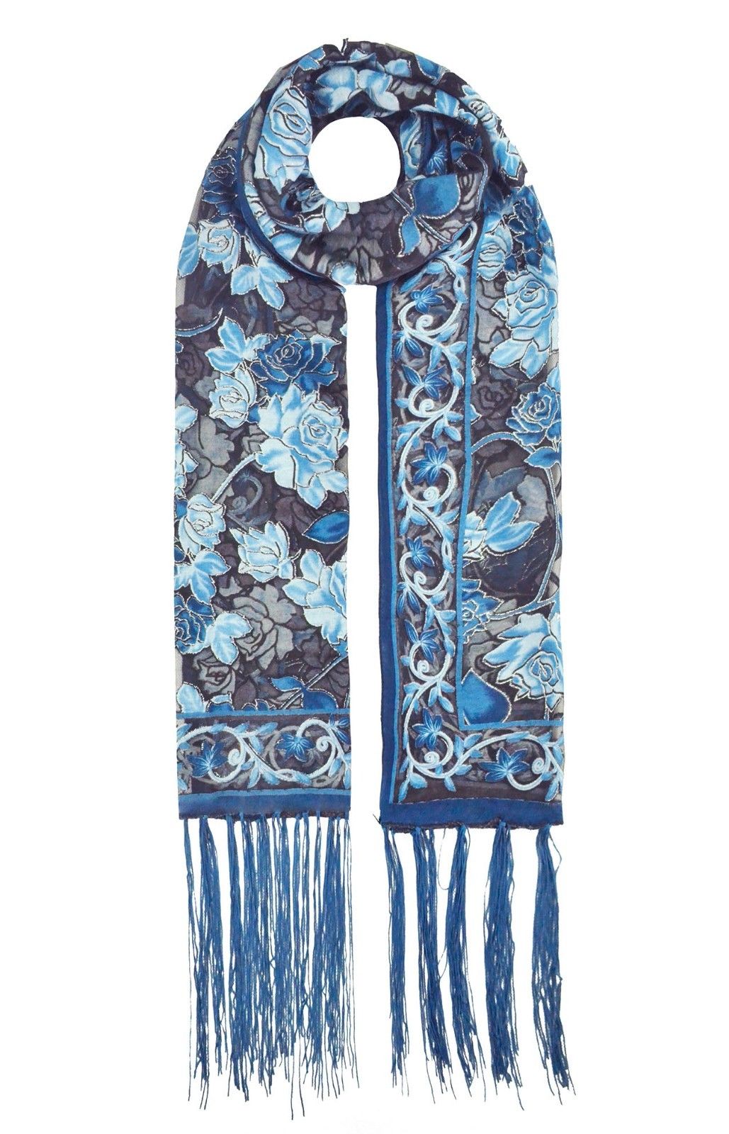 YH-3 Floral Printed Velvet Polyester Scarf with Glitter Trimmings