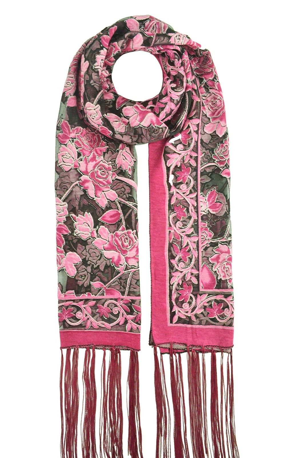 YH-3 Floral Printed Velvet Polyester Scarf with Glitter Trimmings