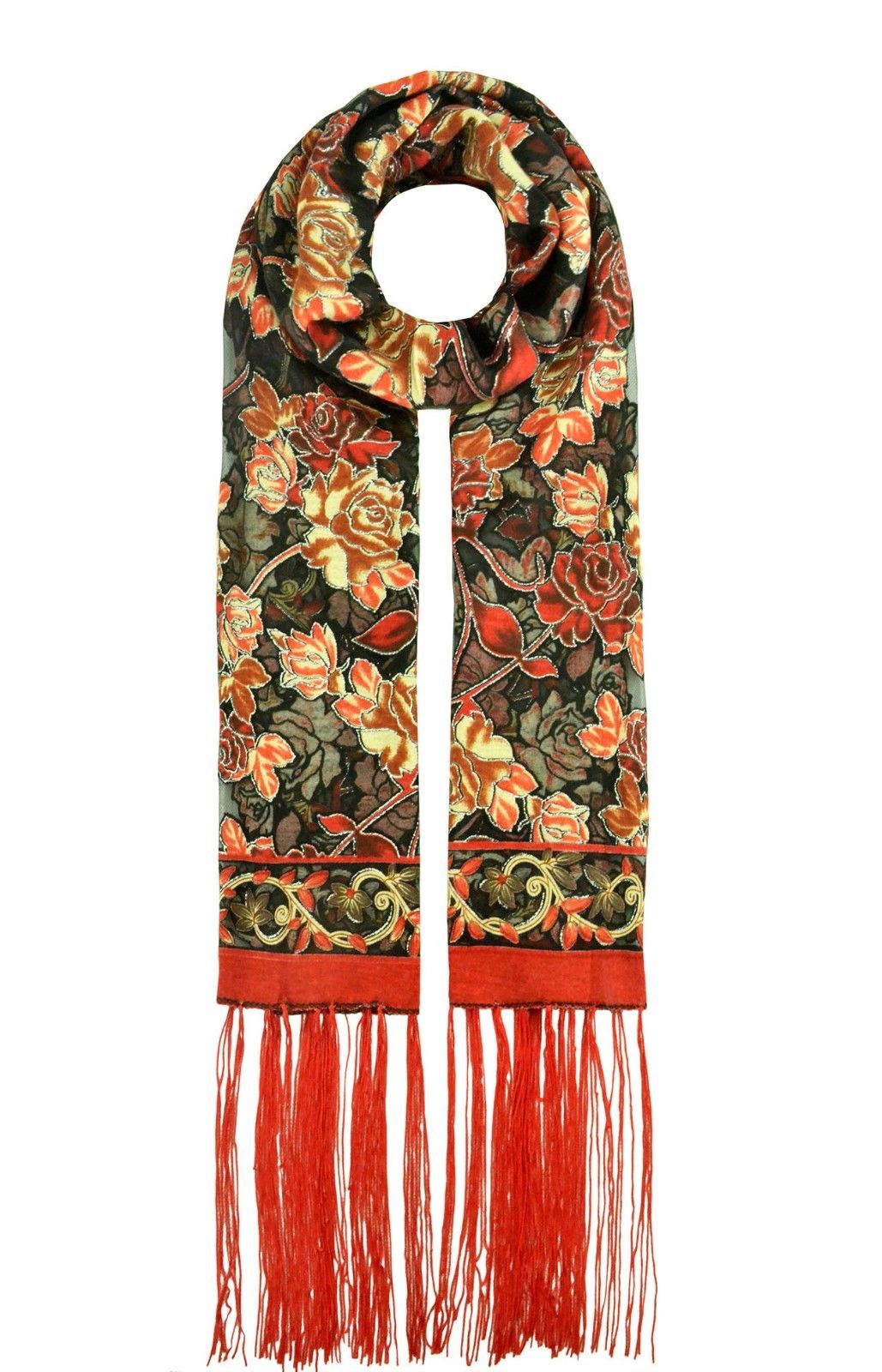 YH-3 Floral Printed Velvet Polyester Scarf with Glitter Trimmings