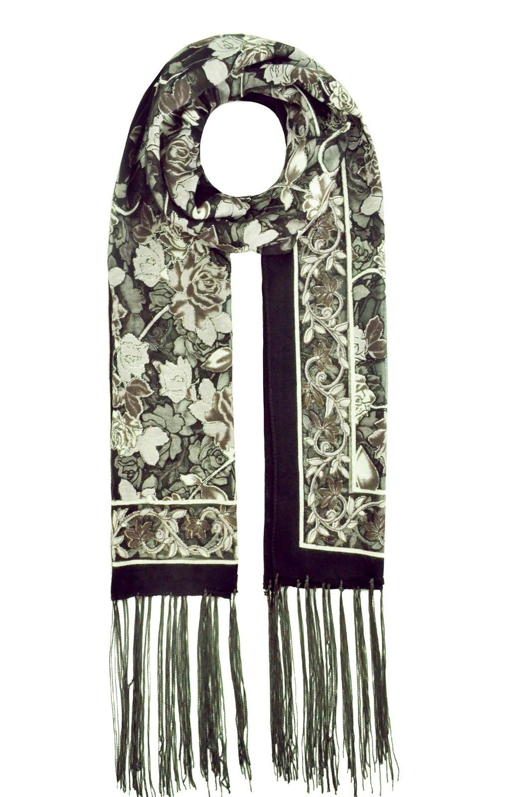 YH-3 Floral Printed Velvet Polyester Scarf with Glitter Trimmings