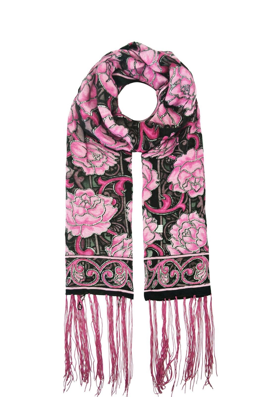 YH-5 Large Floral Pattern Scarf with Glittery Trimmings