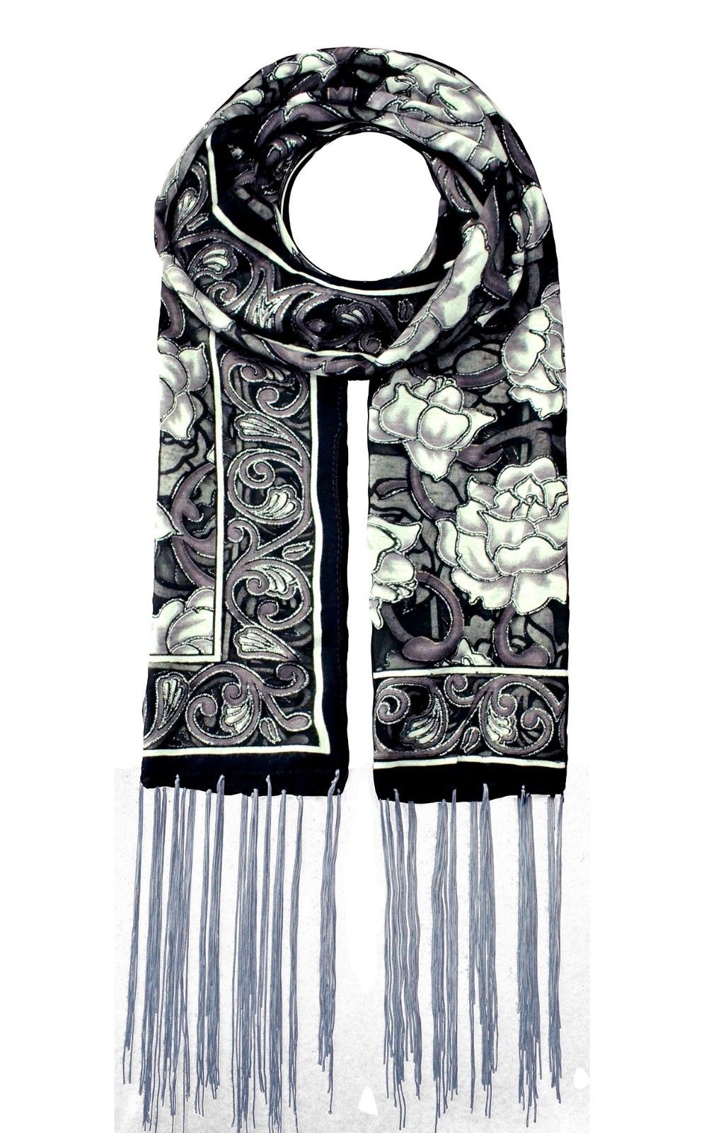 YH-5 Large Floral Pattern Scarf with Glittery Trimmings