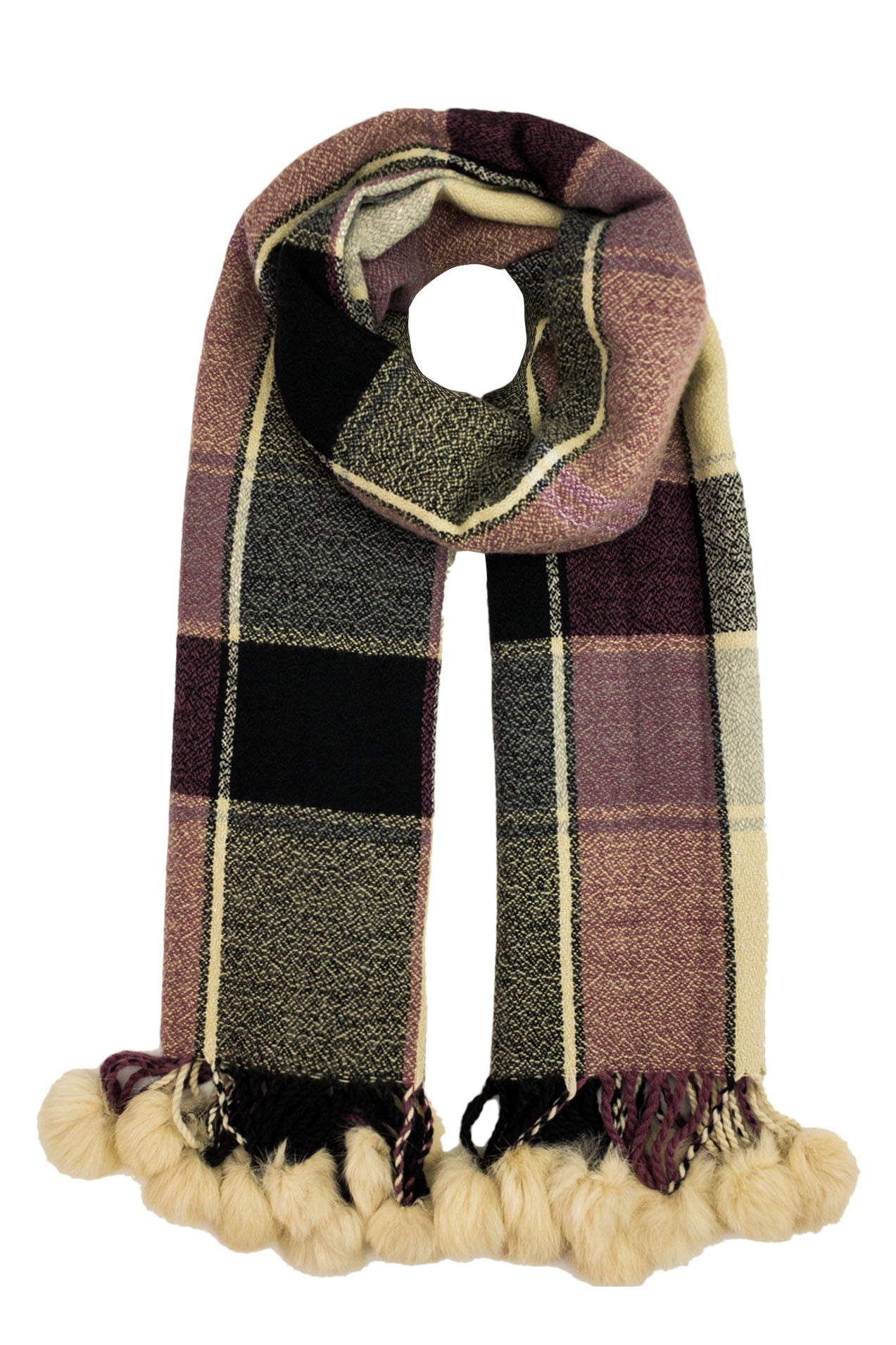 YLM1545-115 Classic Tartan Print Scarf with Pompom Tassels