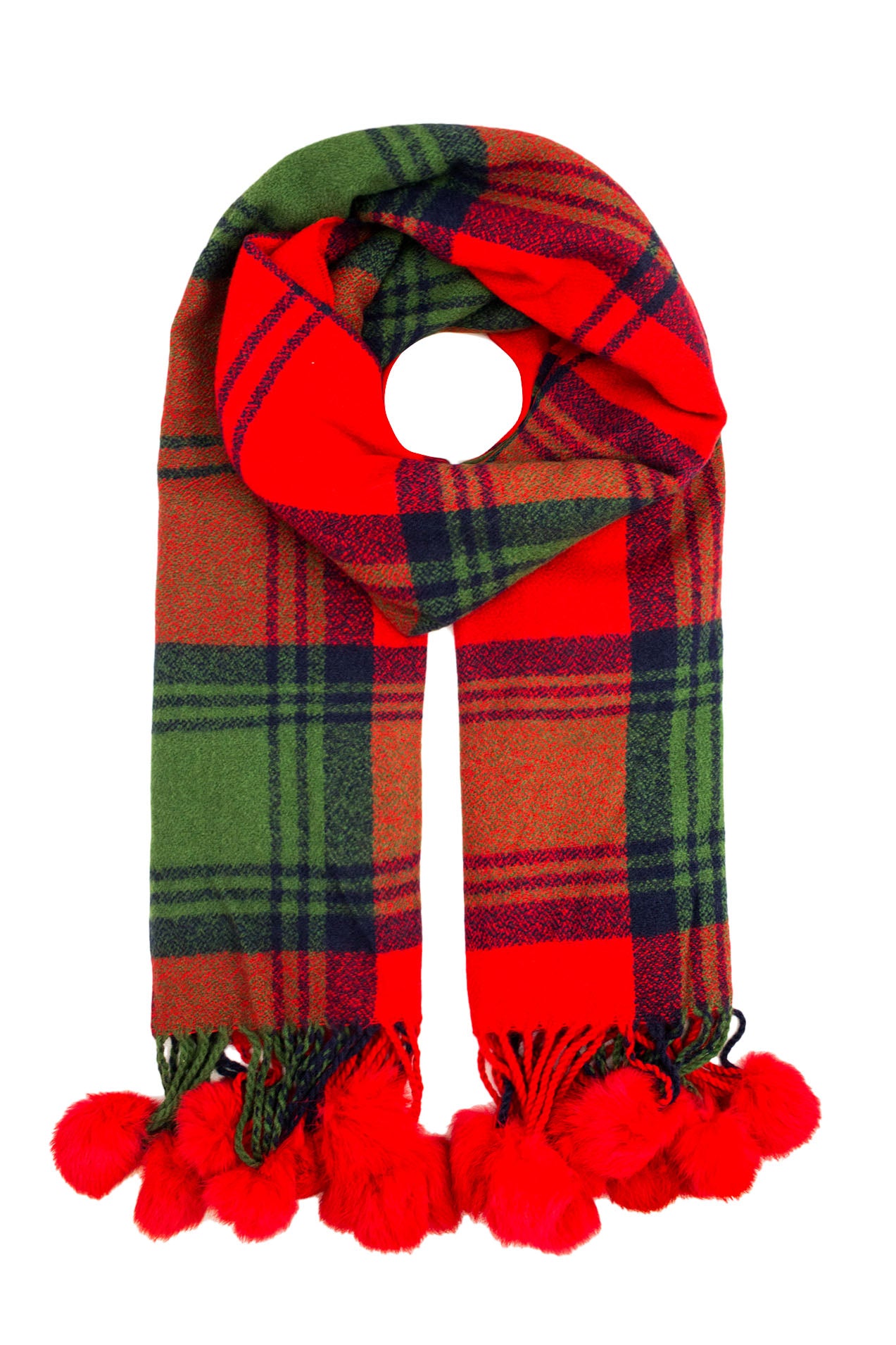 YLM1545-115 Classic Tartan Print Scarf with Pompom Tassels