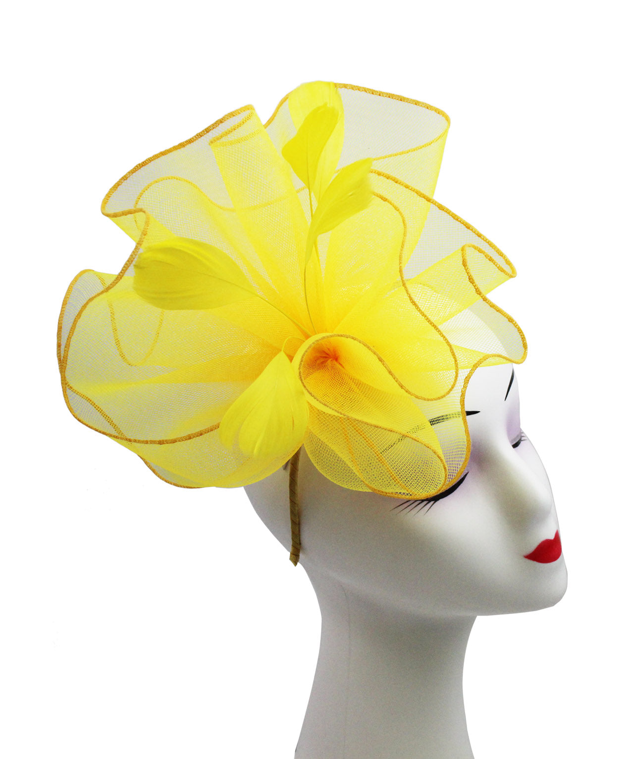 FT9009-030 Large Frilled Mesh Fascinator with Feathers