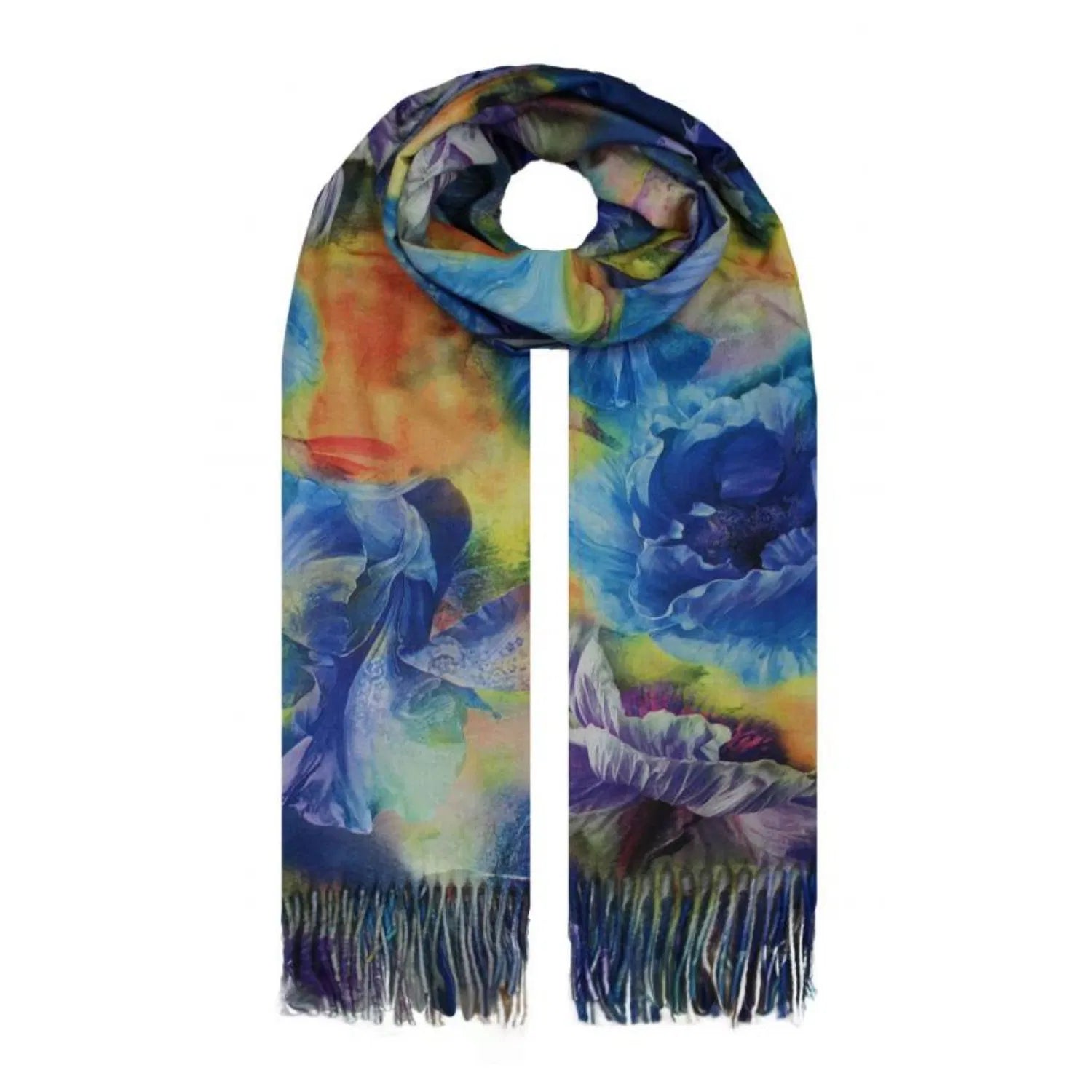 SF19138-135 Bright Floral Pattern Cotton Blend Scarf with Tassels