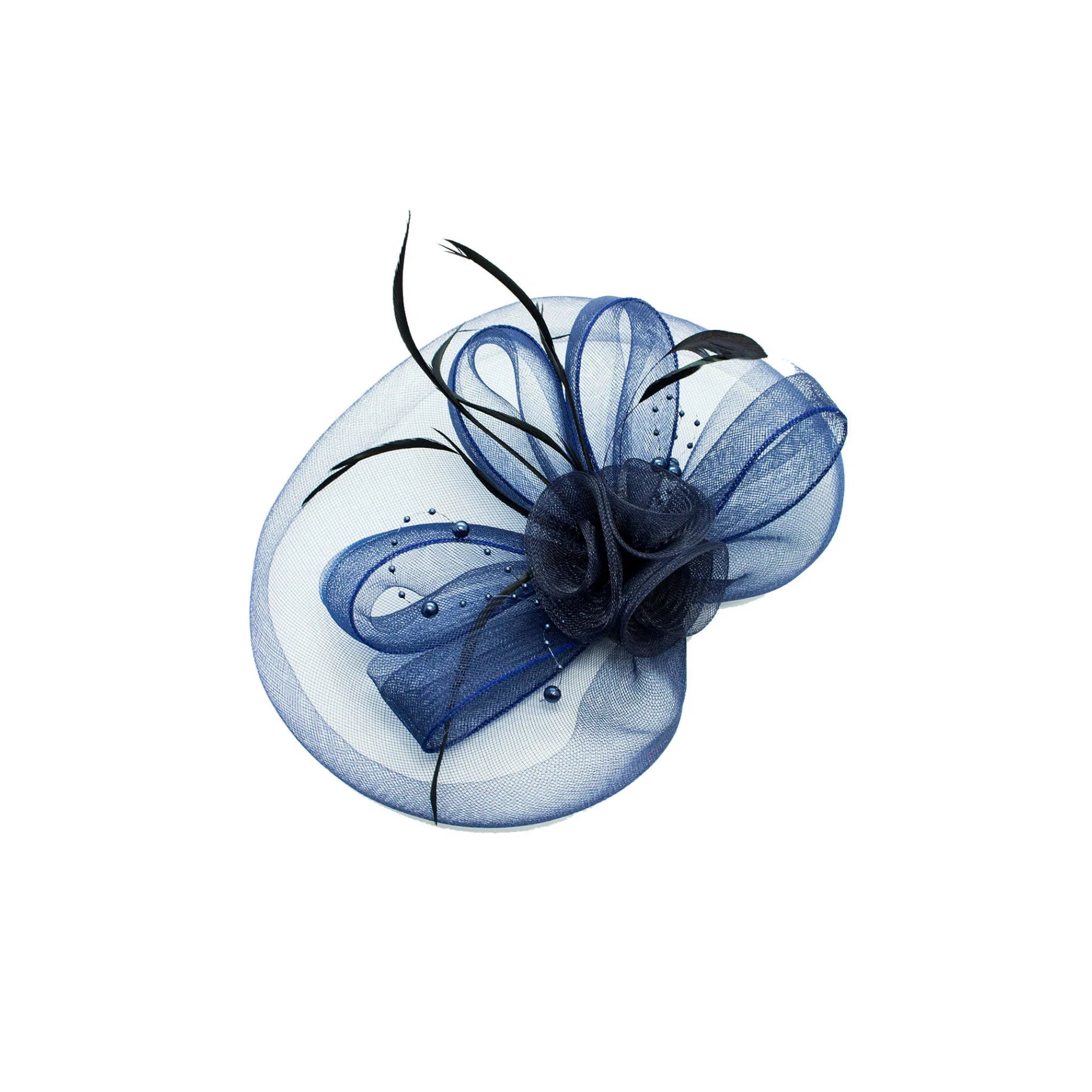 MA136-053 Triple Gauze Flower Fascinator with Loops and Curled Feathers