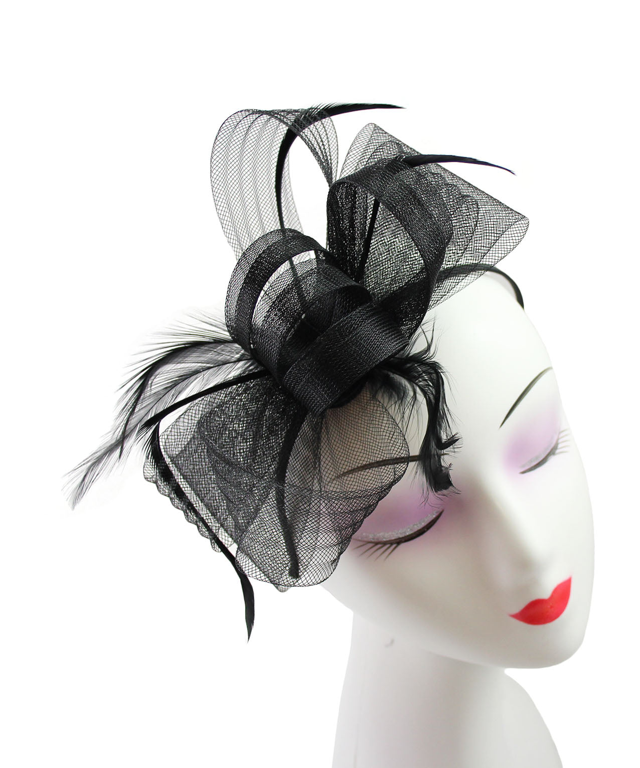 FT9048-010 Bow Fascinator with Synthetic Loops and Curled Feathers