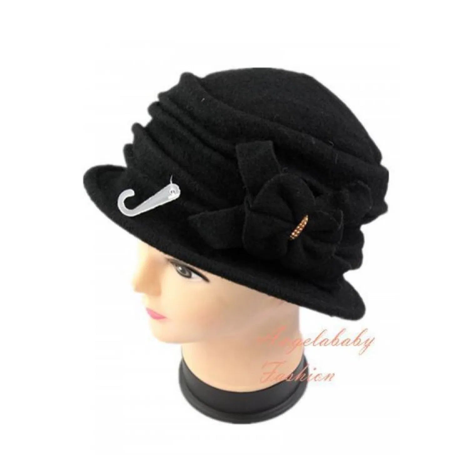 YJ034-72301 Wool Blend Cloche Hat with Bow Accent