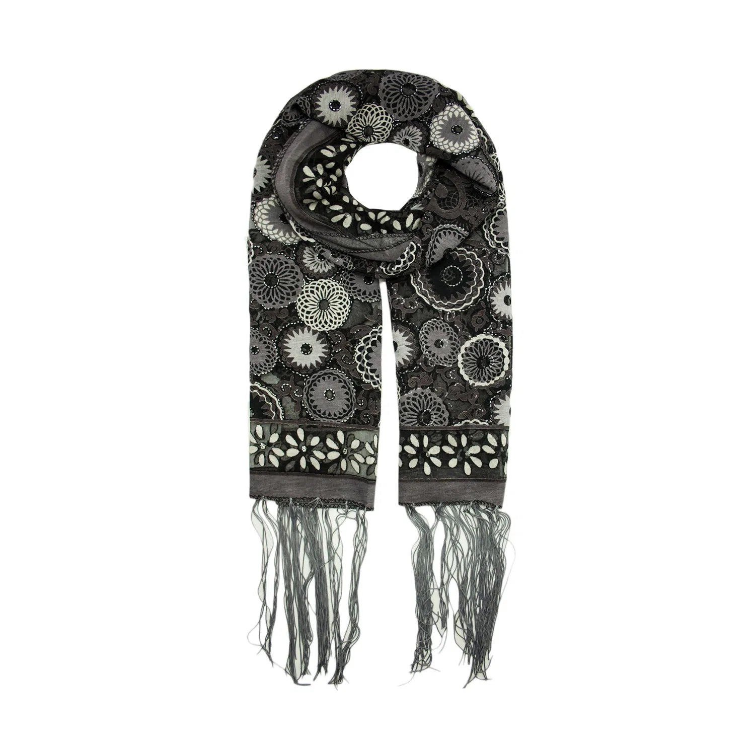 AB1698-B Velvet Polyester Pattern Scarf with Tassels