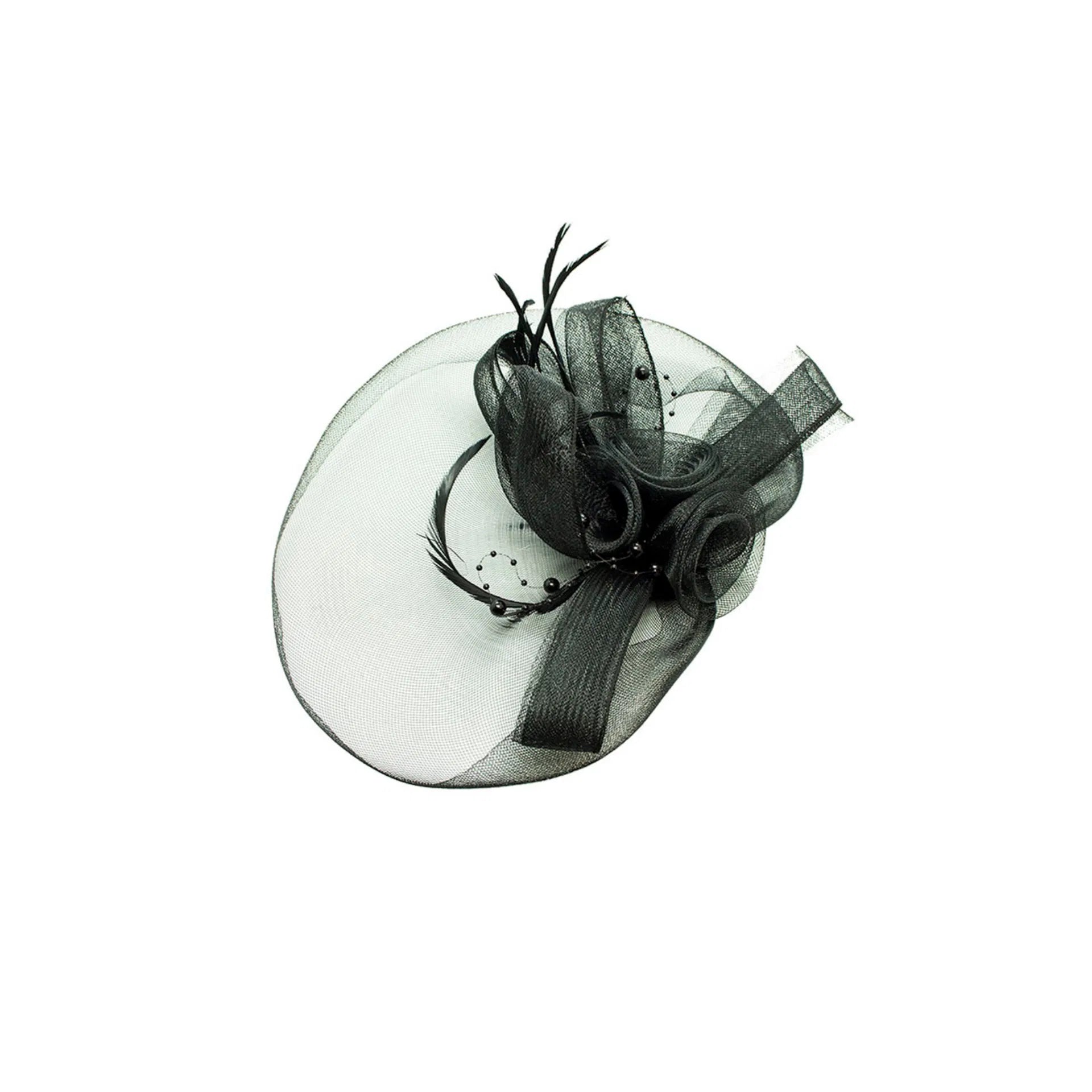 MA136-053 Triple Gauze Flower Fascinator with Loops and Curled Feathers