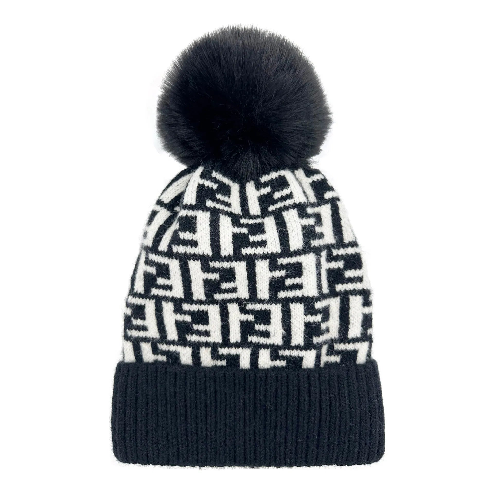 HT2411-088 Monogram Print Beanie Pom Pom Hat