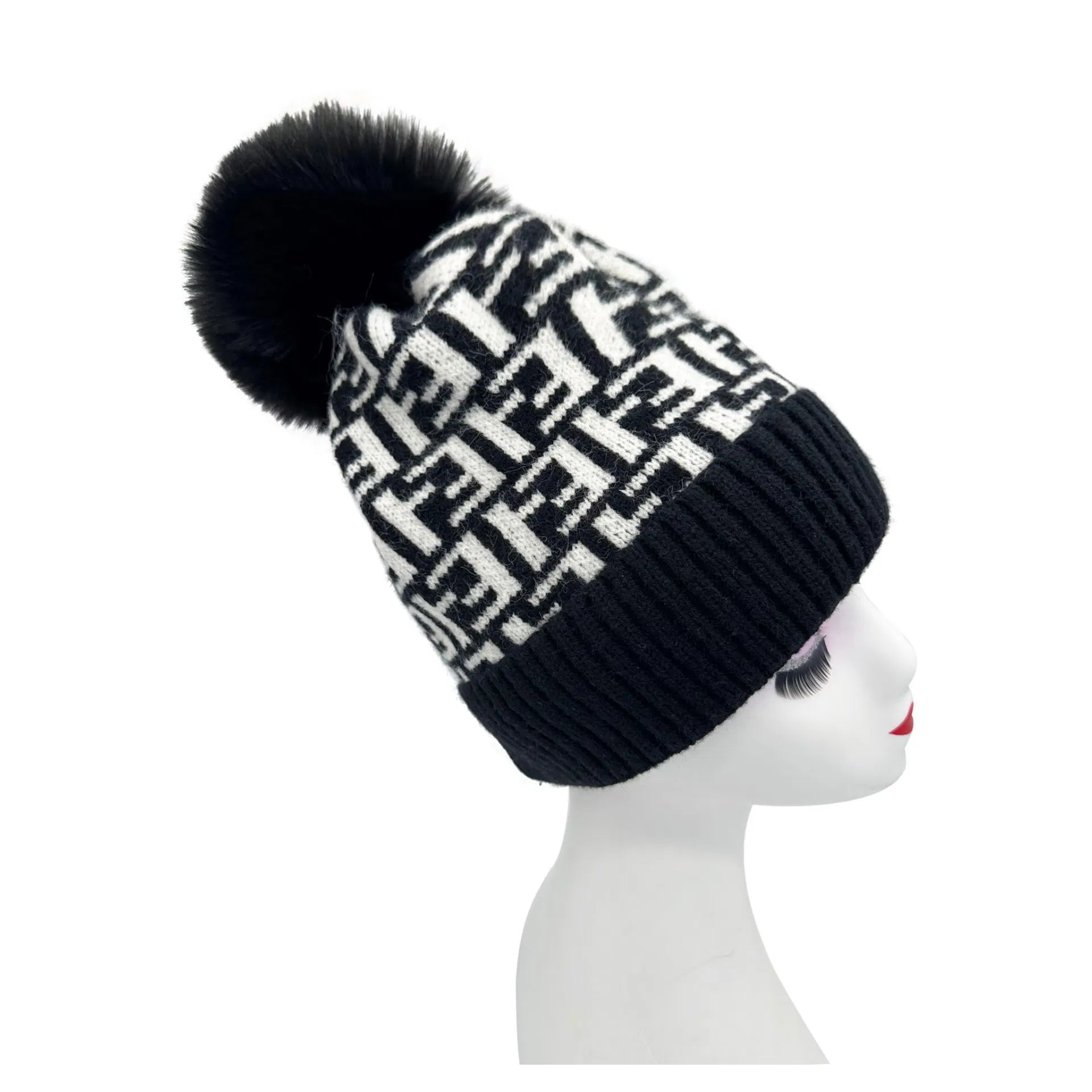 HT2411-088 Monogram Print Beanie Pom Pom Hat