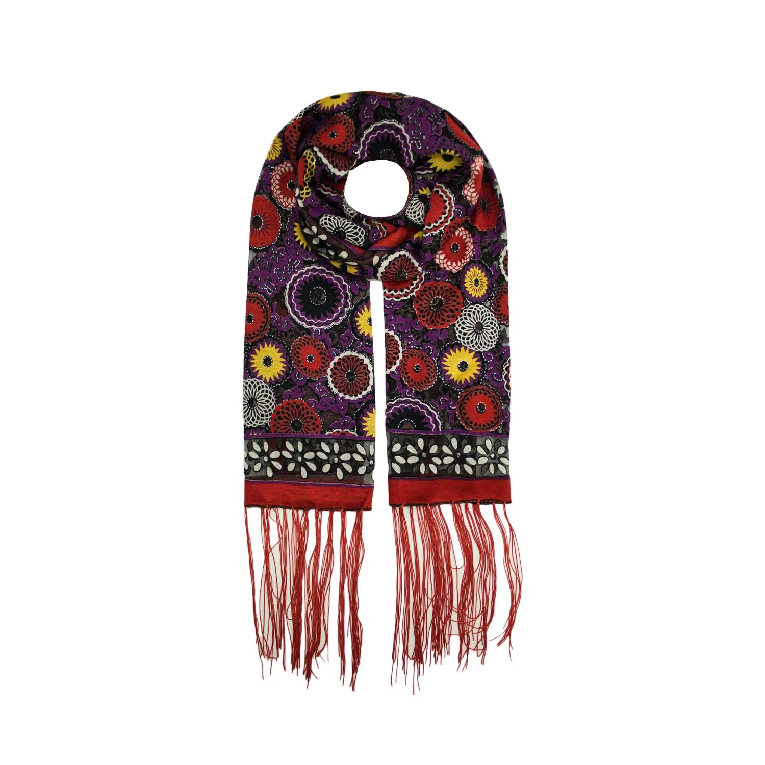 AB1698-B Velvet Polyester Pattern Scarf with Tassels