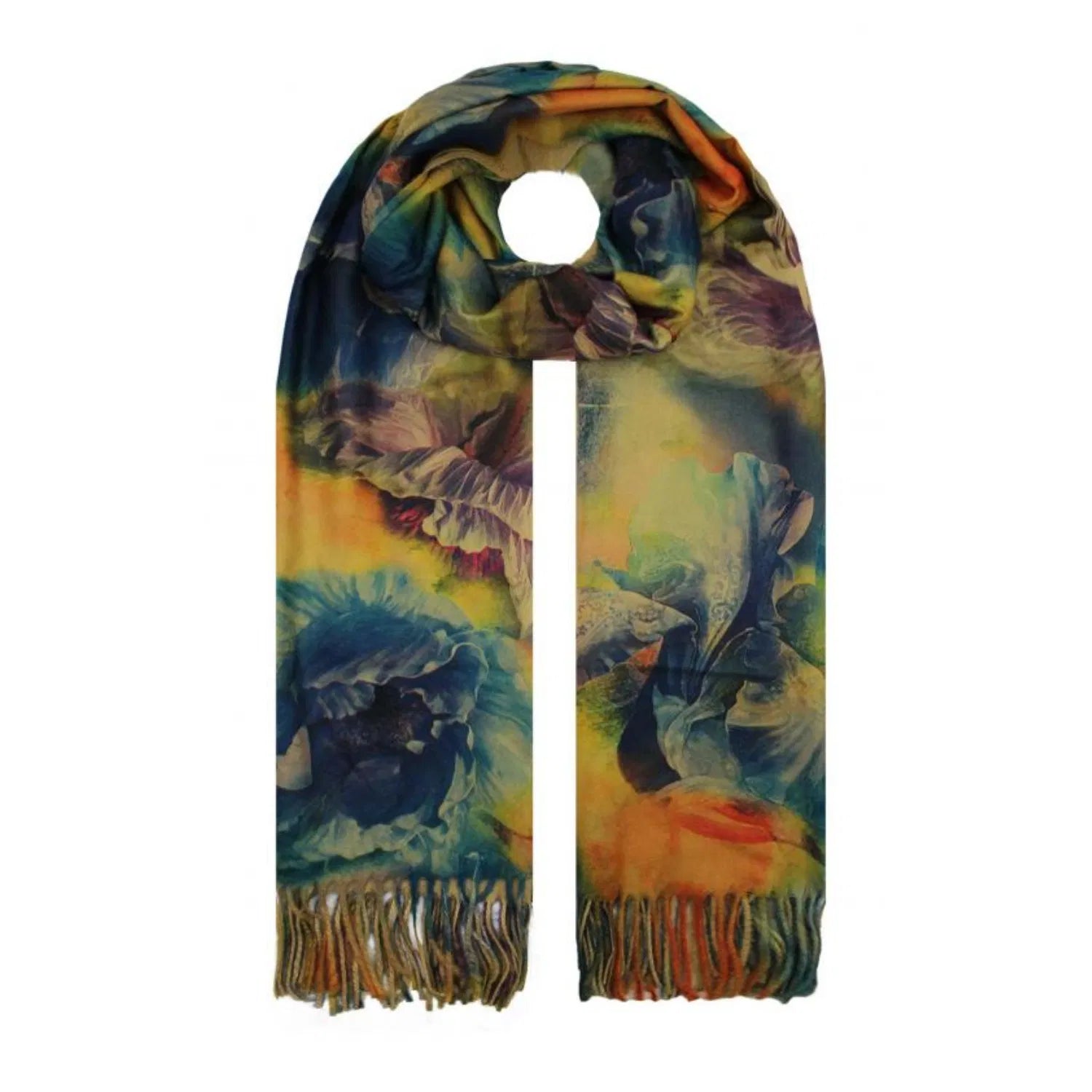 SF19138-135 Bright Floral Pattern Cotton Blend Scarf with Tassels