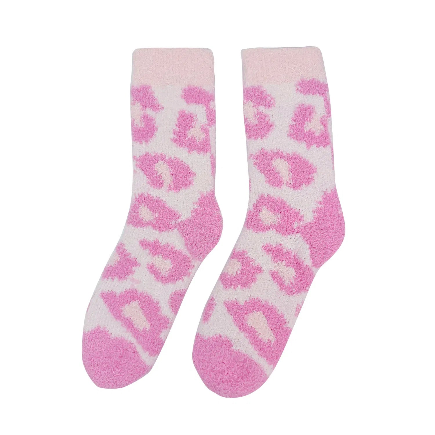 SK-33 Pink & White Leopard Print Fluffy Socks