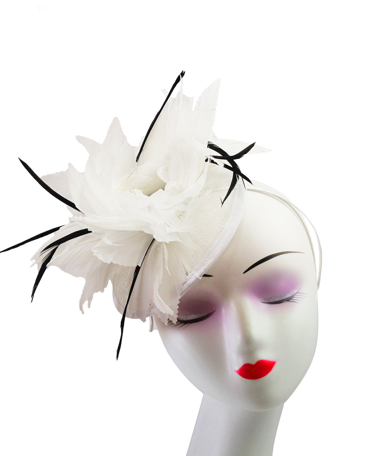 FT9268-003 Bendable Real Feather Flower Fascinator with a Sinamay Disc